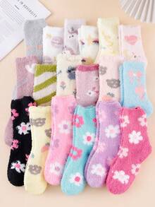 1/3/6/10 Pairs Random Women's Autumn/Winter Coral Fleece Sweet Floral & Cartoon Combination Comfortable Warm Sleep Mid-Calf Socks - Multicolor - View 8