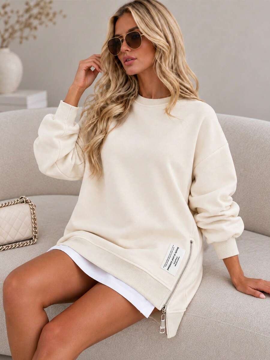 ChicMe Women's Round Neck Long Sleeve Pullover Sweatshirt, Zipper Split 2 In 1, Casual Loose Silhouette, Daily Streetwear