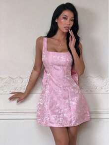 Summer Pink Elegant Dress Fashion Square Neck Back Bow A-Line Strap Dress, Suitable For Dating, Graduation Season, Party - Pink - View 4