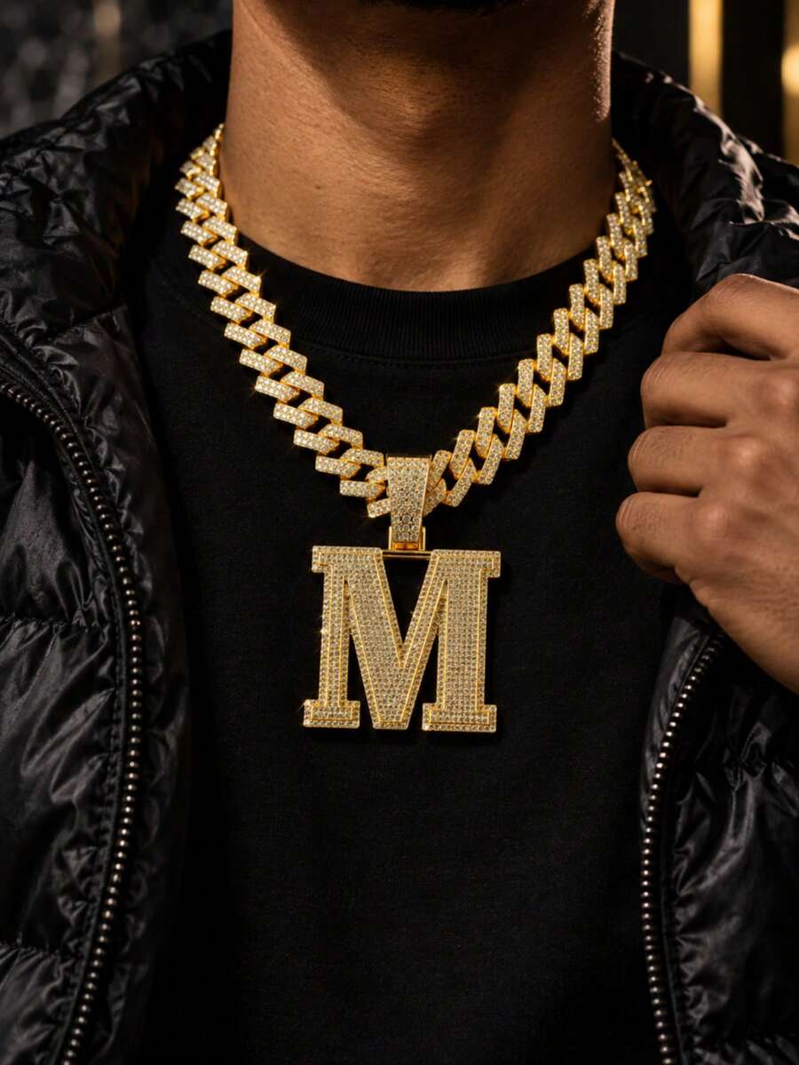 1pc Hip Hop Oversized M Letter Iced Out Pendant Necklace, Rhinestone Cuban Chain Set, Rap Style Accessory, Unisex Music Festival Party Outfit Personalized Jewelry Gift - M - View 1