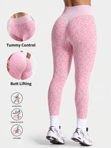 Autumn, Back To School, Shaping Pants, Waist Sculpting & Butt Lifting, Leopard Print - Pink - View 2