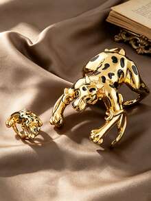 Letingsha 2pcs/Set Gold-Plated Black Enamel 3D Leopard Print Open Cuff Bracelet & Adjustable Ring Set, Luxury Bold Animal-Shaped Jewelry, Suitable For Women, Perfect For Weddings, Banquets, Daily Parties And Other Occasions - Multicolor - View 1