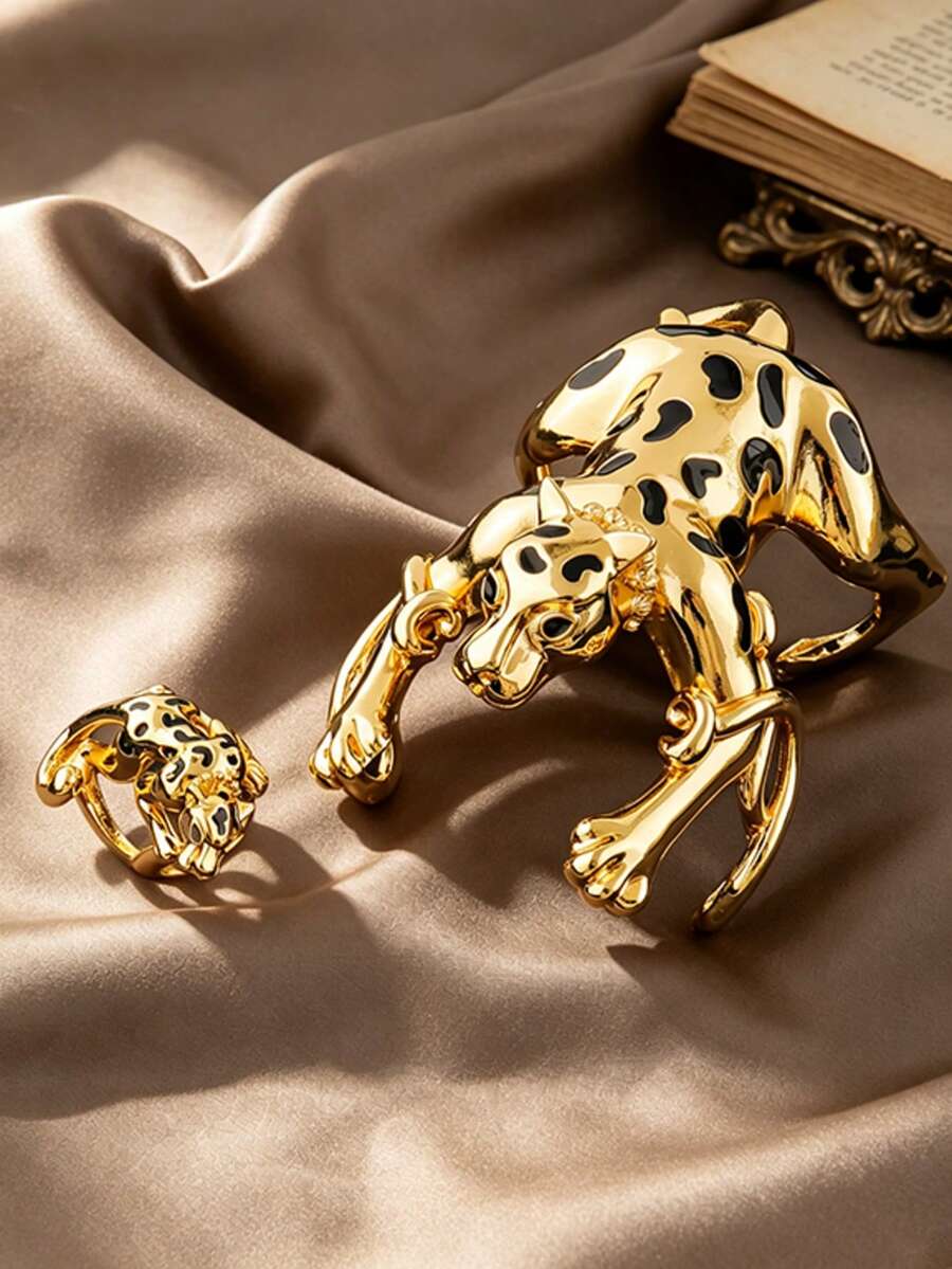 Letingsha 2pcs/Set Gold-Plated Black Enamel 3D Leopard Print Open Cuff Bracelet & Adjustable Ring Set, Luxury Bold Animal-Shaped Jewelry, Suitable For Women, Perfect For Weddings, Banquets, Daily Parties And Other Occasions - Multicolor - View 1