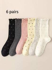1/3/6 Pairs Korean Ins Style Ruffled Polka Dot Slouch Socks, Women's Mid-Calf Socks, Japanese Ballet Core Frilly Socks, For Autumn - Multicolor - View 10