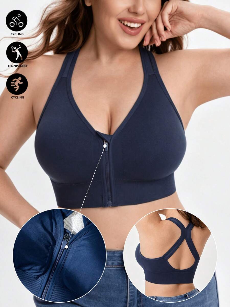 1pc Women's Plus Size Solid Color Front Zipper Sports Bra, Removable Padding Fitness Yoga Backless Tank Top - Navy Blue - View 1