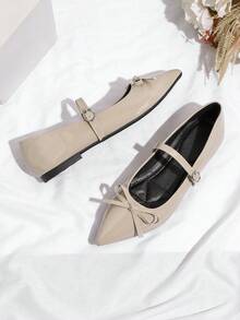 Sepatu Wanita Bertali Tunggal dengan Ujung Lancip, Ringan, Cocok untuk Perjalanan ke Kantor, Gaya Elegan - Aprikot - View 5