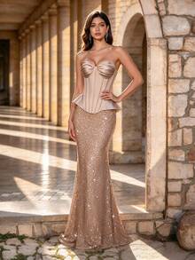 Autumn/Winter Elegant Strapless Satin Corset With Fishbone Structure, Sequin Patchwork Mermaid Hem, 2 In 1 Long Evening Dress, Suitable For Parties, Weddings And Holidays - Champagne - View 1