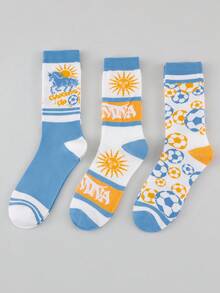 3 Pasang Kaos Kaki Pria Motif Sepak Bola Acak, Kaos Kaki Kasual Setengah Betis Motif Matahari & Sepak Bola Retro untuk Olahraga dan Pemakaian Sehari-hari - MultiWarna - View 7