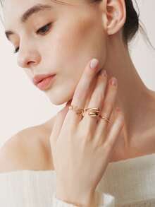 Sorayune 3pcs Wavy Circle Ring Set, Minimalist Design Criss-Cross Coil Smooth Rings, Versatile Rings - Gold 3-piece Teardrop Ring - View 5