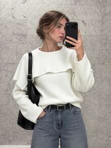 Women's 2026 Autumn/Winter Single Piece Knitted Sweater, Large Lapel Bell Sleeve, Loose Fit Textured Knit Top, Suitable For Daily Wear - White - View 2