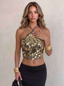 Elegant Fashion Gold Halter Neck Sleeveless Fitted Top, Embellished With Asymmetrical/Square Sequins, Suitable For Parties, Night Out, Holidays, Date Nights - Gold - View 10