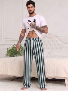 Men's Summer Crew Neck Casual T-Shirt And Casual Long Pants Loungewear Set - White - View 3