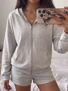 NOIRLYN Women's Casual Sweatshirt 2 Pieces Set, Solid Color Hooded Zip-Up Long Sleeve Jacket Top With High-Waisted Wide Leg Shorts Outfit, Autumn/Winter - White Flower Gray - View 6