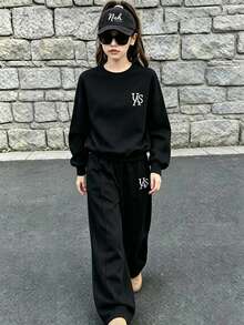 Youth Girl Letter Print Crew Neck Long Sleeve Top And Pants - Black - View 1