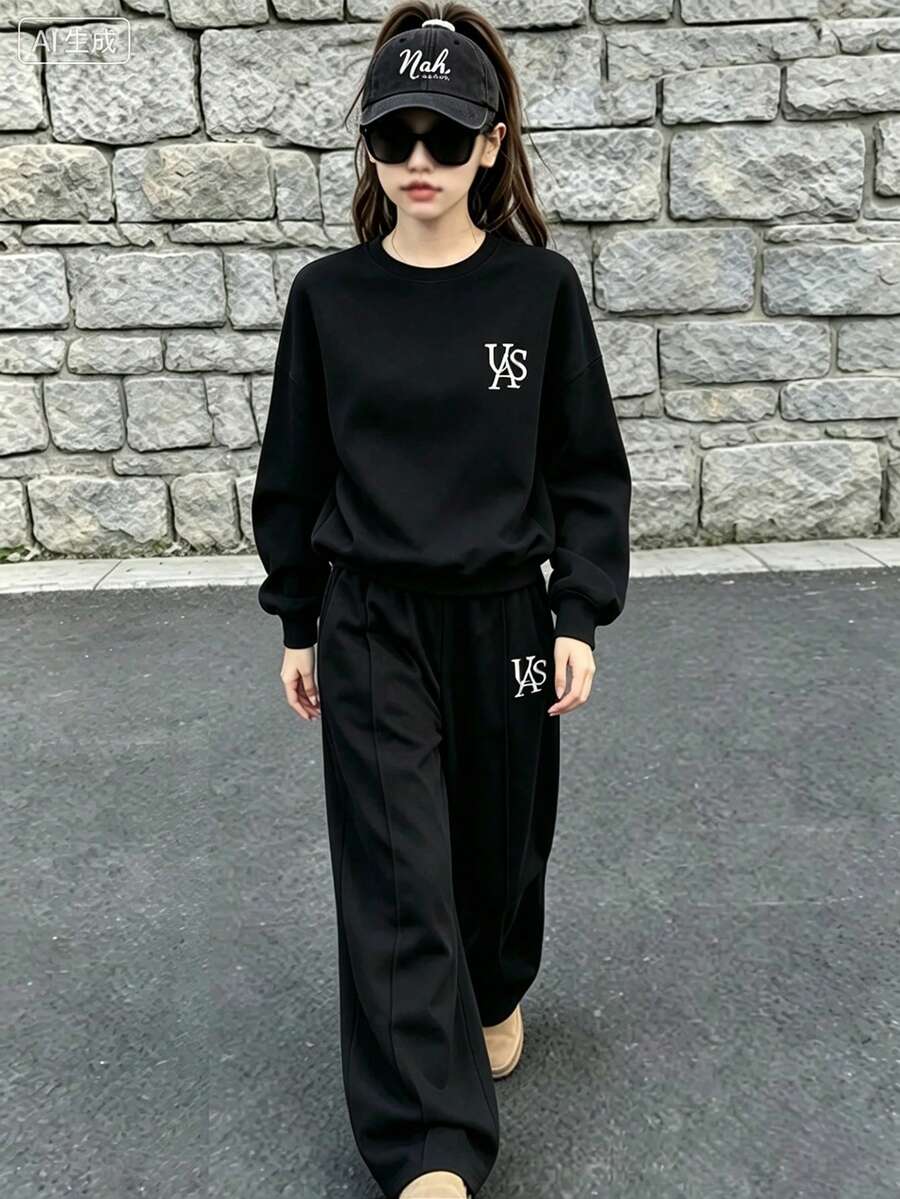 Youth Girl Letter Print Crew Neck Long Sleeve Top And Pants - Black - View 1