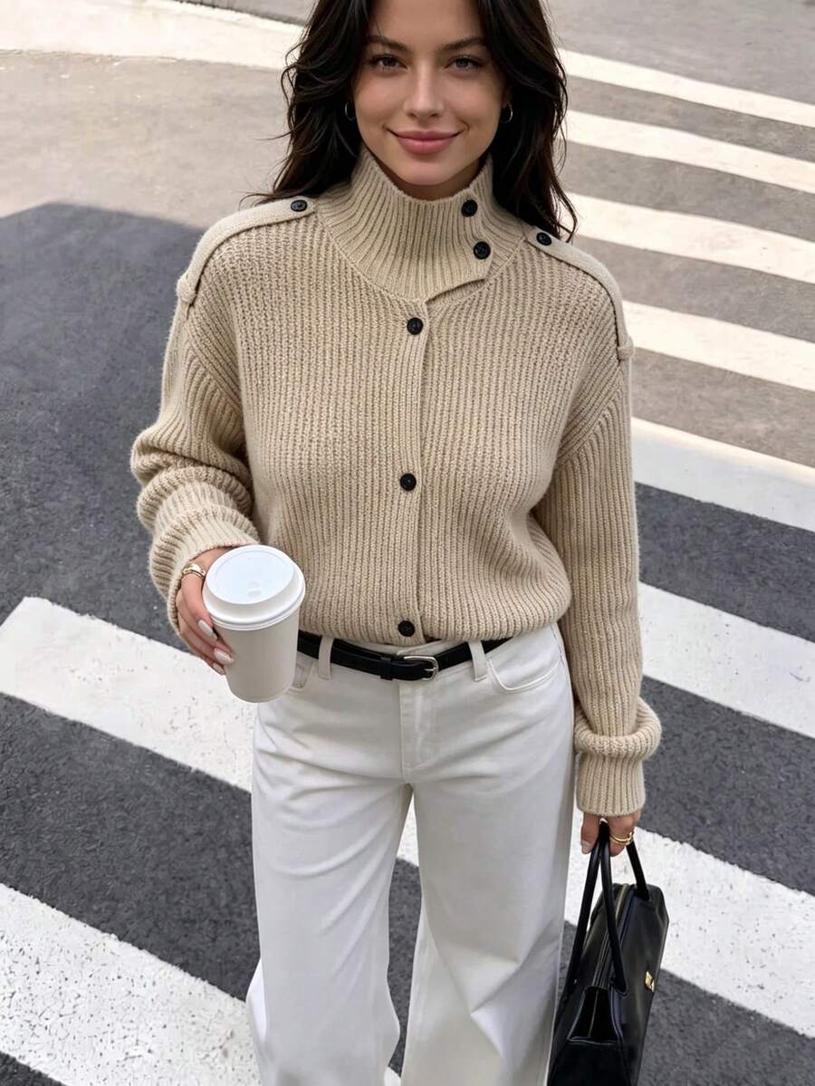 DEEKA Autumn/Winter New Women's European And American Style Fashion Minimalist Versatile High Neck Knit Cardigan Jacket - Khaki - View 1