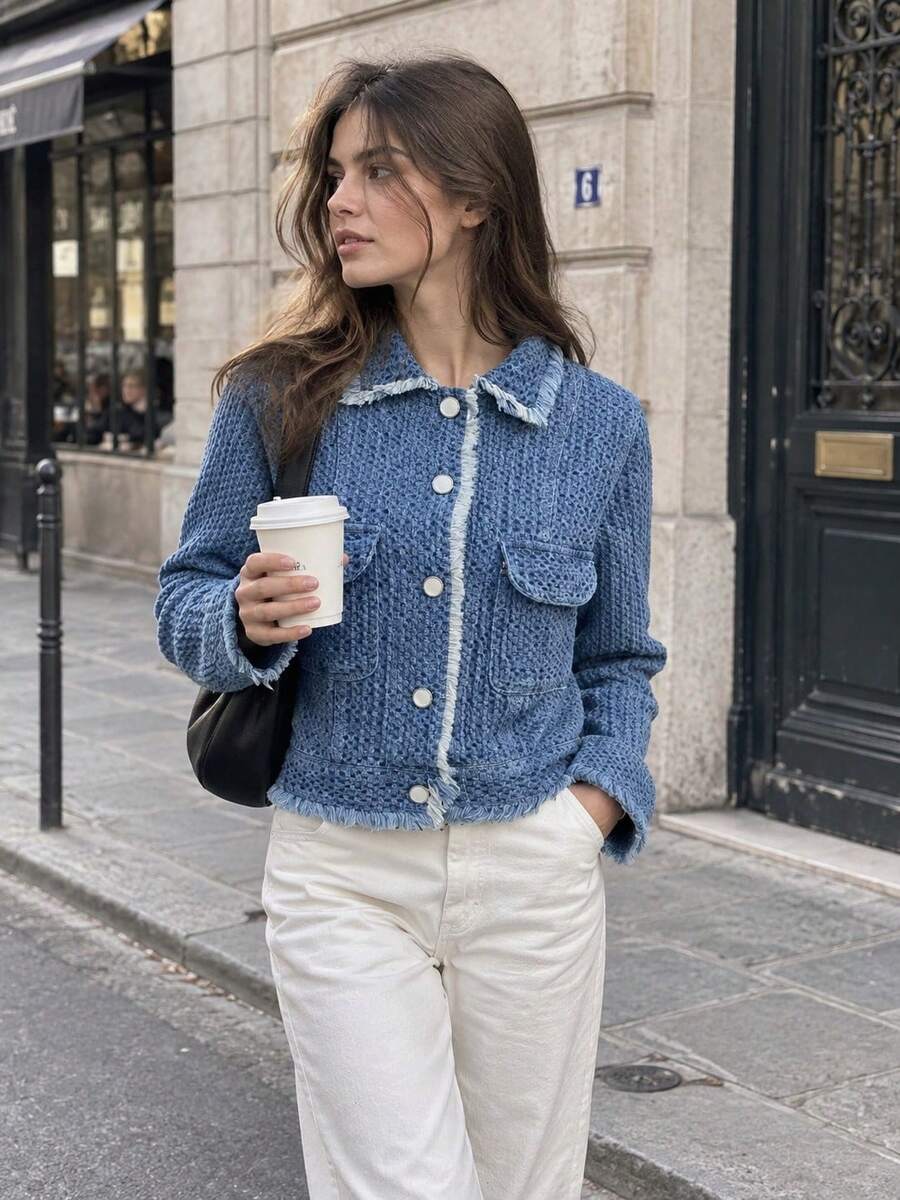 Women's Distressed Decorative Button Denim Jacket - Dusty Blue - View 1