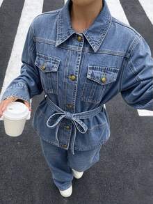 Women's Vintage Cinched Waist Waist Turn-Down Collar Denim Jacket, Casual Washed Denim Outerwear, Autumn Top - Medium Wash - View 4
