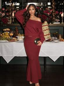NEW IDEA Women Elegant Burgundy Fall Winter Two Pieces Outfit, Off Shoulder Long Sleeve Knit Top & Mermaid Maxi Skirt Set For Holiday Dinner, Party - Red - View 1