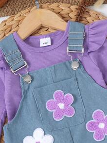 2pcs Baby Girl Cute Forest Style Long Sleeve Ribbed Corduroy Overall Dress Set With 3D Flower, Thin For Spring/Autumn - Purple - View 5