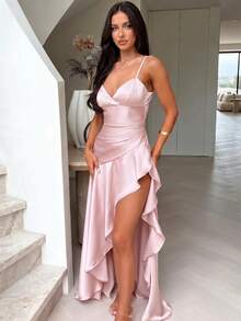 Women's Sexy Party Dress - Spaghetti Strap With Ruffle Hem And High Slit, Suitable For Nightclub, Night Out, Date And Cocktail Party Wedding Pink Spring - Pink - View 2