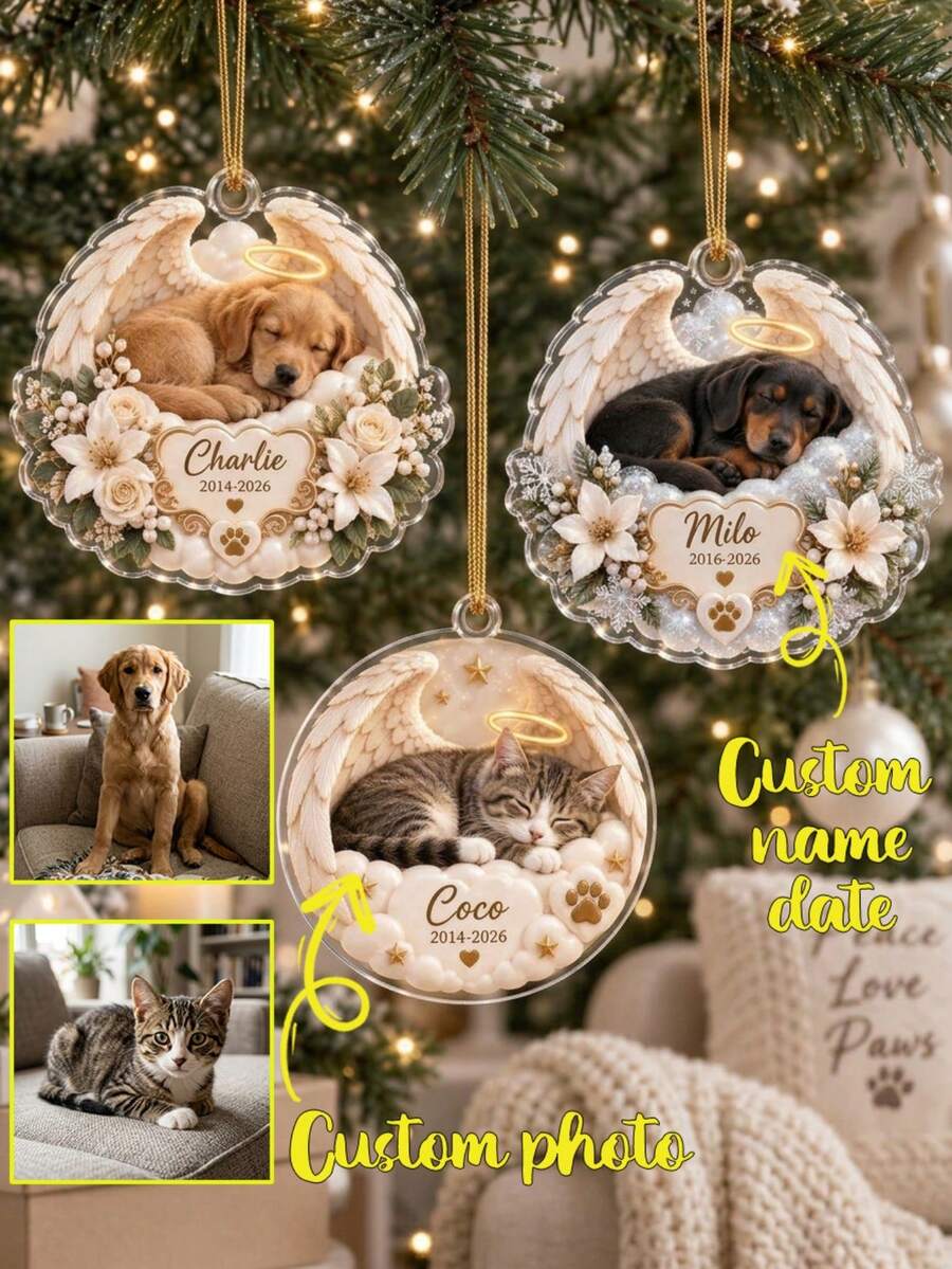 2D Personalized Pet Memorial Acrylic Pendant, Customized Dog Cat Angel Wings Memorial, Pet Loss Christmas Ornament, Condolence Gift, Condolence Gift For Pet Lovers, Christmas Gift - Multicolor - View 1