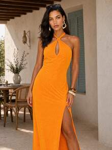 Dancing Leopard Orange Halterneck Split Hem Long Dress, Wedding Guest Occasion Wear - Orange - View 1