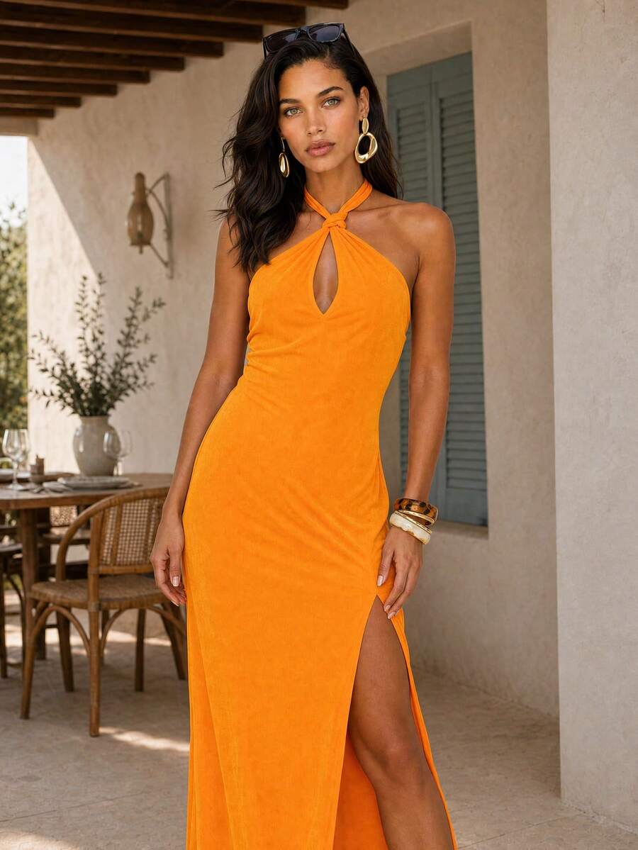 Dancing Leopard Orange Halterneck Split Hem Long Dress, Wedding Guest Occasion Wear - Orange - View 1