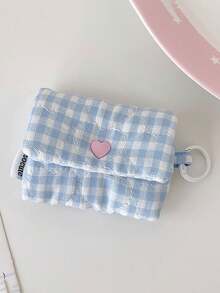 Cute Gingham Quilted Mini Pouch, Heart Snap Button Small Coin Purse With Keyring, Portable Earbud Sanitary Napkin Storage Bag - Multicolor - View 12