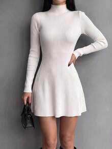Unadoll Women's White Ribbed Knit Mini Dress, Elegant Small Stand Collar Long Sleeve Flared Hem Sweater Dress, Suitable For Date Night And Back To School Season - Apricot - View 1