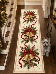 1pc Gold Bell Red Ribbon Christmas Long Runner Rug, Velvet Carpet, Christmas Decor, Suitable For Room Decoration, Indoor Door Mat, Living Room Rug, Kitchen Mat, Bedroom Rug, Bathroom Mat, Washable Carpet, Home Decor, Bedroom Decor, Non-Slip Wear-Resistant, Noise-Reducing Sound-Absorbing, Skin-Friendly Soft - Gold Bell Red Ribbon - View 3