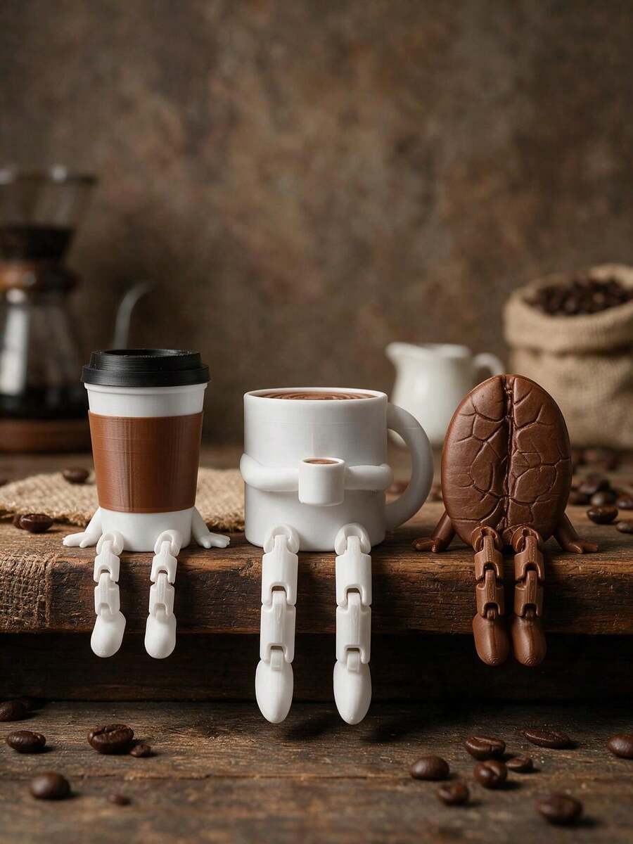 1pc Cute Coffee Cup & Coffee Bean Shaped Movable Joint Leg Figurine, Premium Material Minimalist Style, Cute Cartoon Design Smooth Surface Handmade Decorative Statue, Adjustable Movable Limbs Collectible Art Ornament - Multicolor - View 1