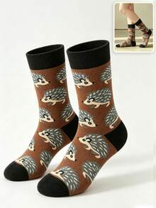 1 Pair Hedgehog Pattern Unisex Mid-Calf Socks, Vintage Caramel Brown & Black Contrast Cuff, Fun Cartoon Casual Mid-Calf Socks - Multicolor - View 1
