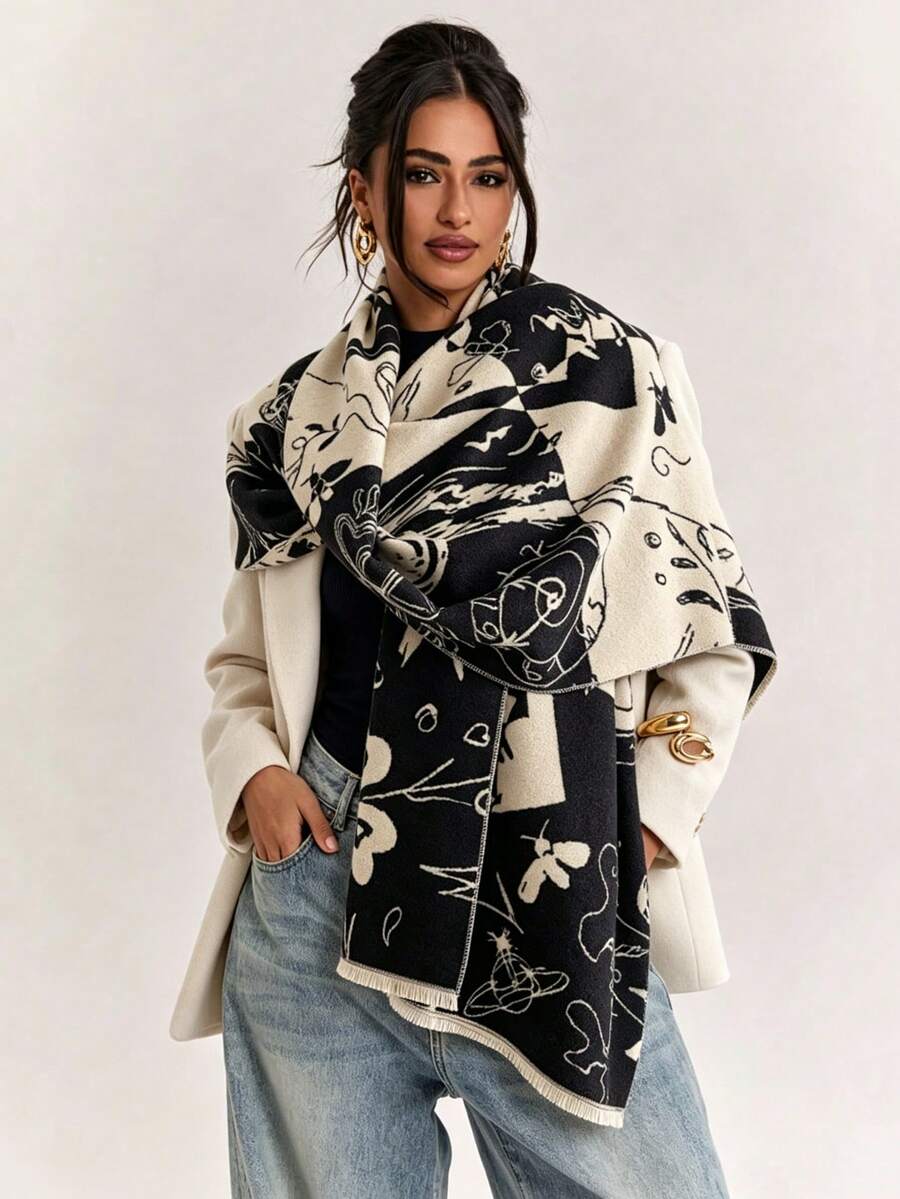1件裝抽象塗鴉印花仿羊絨圍巾,保暖流蘇大披肩圍巾,女款多功能戶外旅行毯巾 - 黑色 - 查看 1