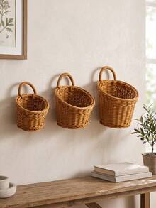 1pc/3pcs (S+M+L) Bohemian Style Faux Wicker Storage Basket Set, Durable And Easy To Clean Woven Kitchen Storage Baskets, Suitable For Tableware, Utensils, Decor And Plants - Brown - View 11
