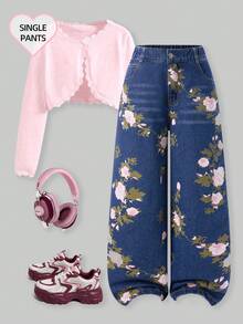 Girls' Vintage Rose Floral Print Wide Leg Denim Jeans, Elastic Waist Loose Casual Denim Pants, Suitable For Daily School Wear - Blue - View 1