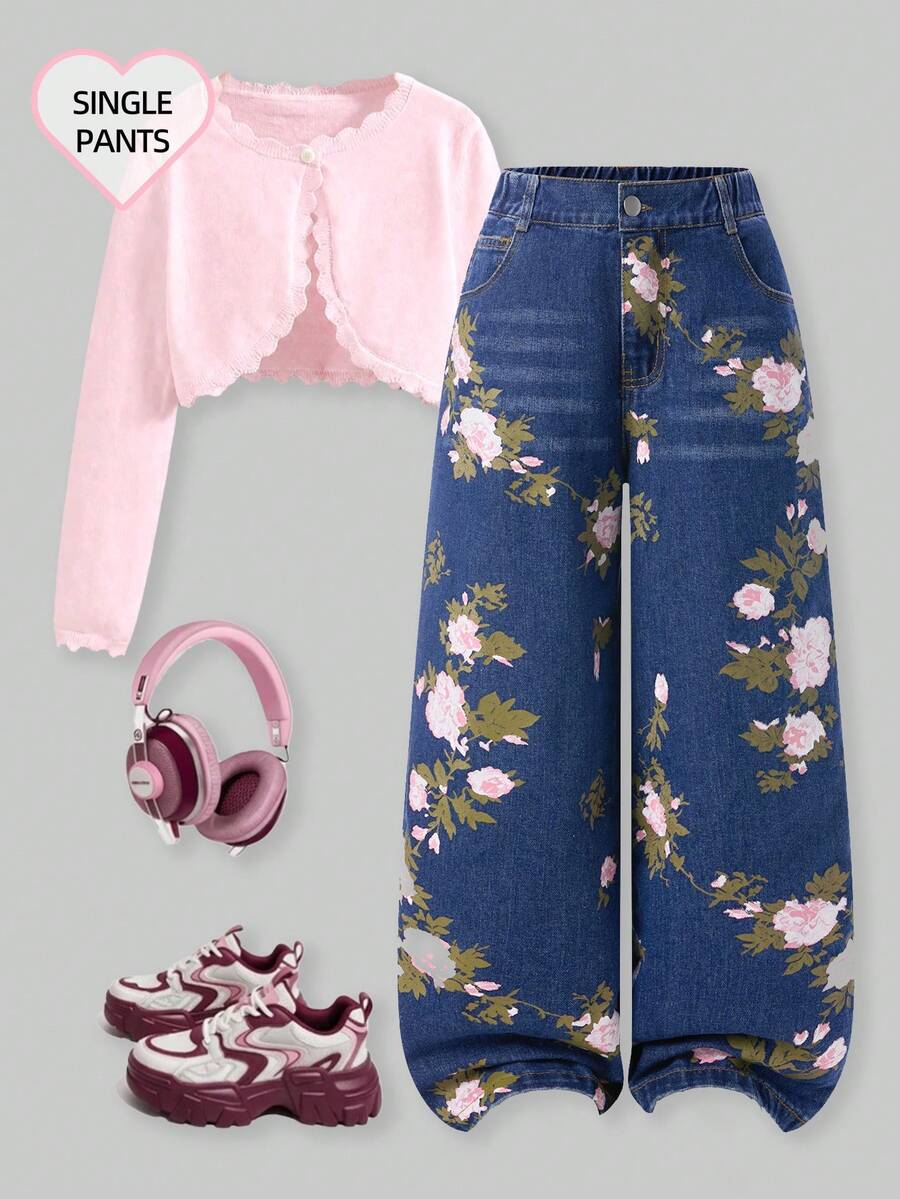 Girls' Vintage Rose Floral Print Wide Leg Denim Jeans, Elastic Waist Loose Casual Denim Pants, Suitable For Daily School Wear - Blue - View 1