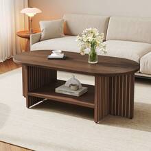 طاولة قهوة بيضاوية 100*49*35 سم من خشب MDF، طاولة غرفة المعيشة مع رف، طاولة جانبية، طاولة أريكة، طاولة قهوة، طاولة شاي، طاولة قهوة حديثة مضلعة لغرفة المعيشة - لون خشب الجوز - مشاهدة 3