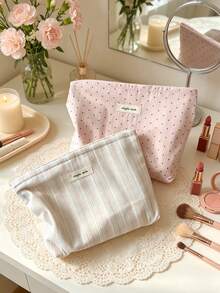 1pc Sweet Pink Cosmetic Bag For Women Soft Fabric Zipper Makeup Organizer Large Capacity Make Up Pouch Jacquard Clutch Pouch Grid & Strip Toiletry Bag - Multicolor - View 5