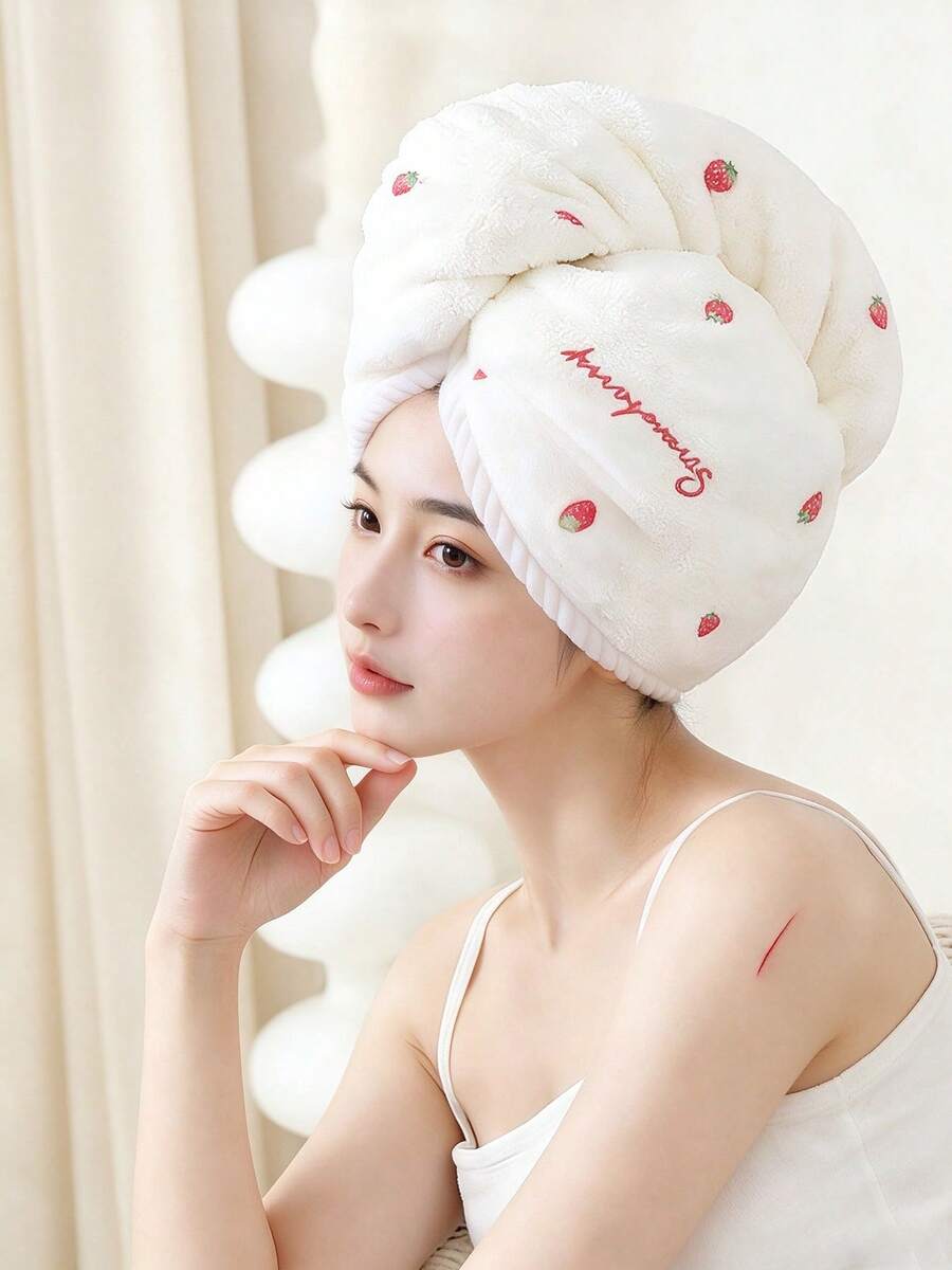 Cute Microfiber Hair Drying Towel, Quick Dry Hair Band, Soft Coral Fleece Shower Cap With Cute Strawberry Print And Button Closure, Absorbent Hair Drying Towel, Suitable For Shower, Bath, Home, Gym And Travel - Multicolor - View 1