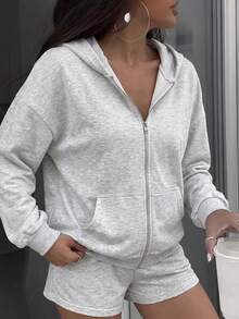 NOIRLYN Women's Casual Sweatshirt 2 Pieces Set, Solid Color Hooded Zip-Up Long Sleeve Jacket Top With High-Waisted Wide Leg Shorts Outfit, Autumn/Winter - White Flower Gray - View 5