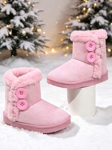 1 Pair Short Warm Snow Boots, Faux Suede + Double Large Button Decor, Round Toe Soft Sole Anti-Slip Design, Cute Princess Style Outdoor Boots, Suitable For Daily Campus Skiing, Autumn/Winter New Arrival - Pink - View 5