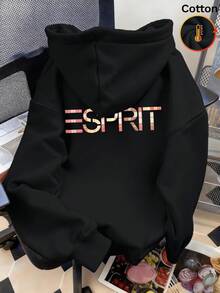Autumn Winter Women's Fleece Hoodie With  Letter Print, Y2K - Black - View 3