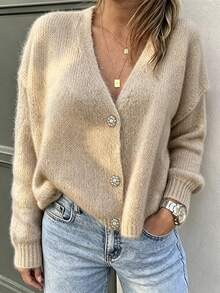 Women's V-Neck Rhinestone Button Loose Long Sleeve Autumn/Winter Casual Fashion Versatile Slouchy Knit Cardigan Sweater - Khaki - View 1