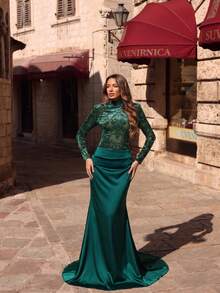 LOVE&LEMONADE Elegant Women's Long Sleeve Stand Collar Draped Hem Patchwork Maxi Dress For Holiday Evening Party - Dark Green - View 3