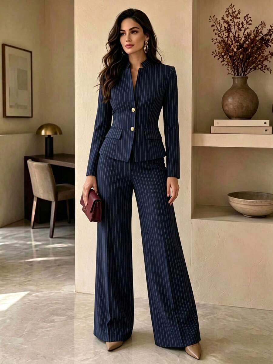 طقم بدلة نسائي بياقة مسننة وخطوط رفيعة مع تفاصيل أزرار، بليزر بأكمام طويلة وبنطال واسع الساق، ملابس رسمية أنيقة للخريف والشتاء - أزرق بحري - مشاهدة 1