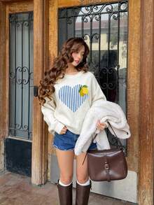 LOVE JOYY Women's Fun Heart & Lemon Striped Print Round Neck Knit Sweater, Soft & Fluffy - White - View 2