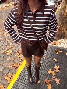 Women's Casual Striped Button-Down Drop Shoulder T-Shirt, Autumn Brown Long Sleeve Aesthetic Blouse - Brown - View 1