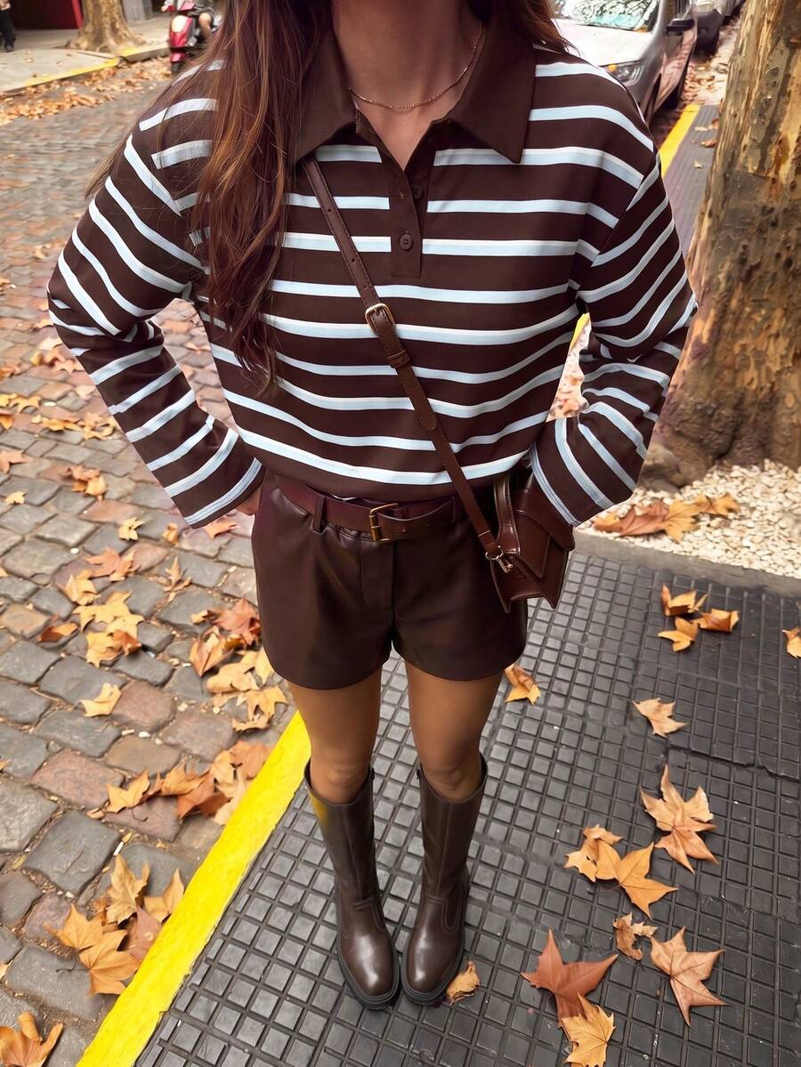 Women's Casual Striped Button-Down Drop Shoulder T-Shirt, Autumn Brown Long Sleeve Aesthetic Blouse - Brown - View 1