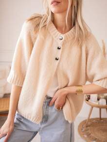 Women's Plus Size Short Sleeve Knit Cardigan, Regular Length, Medium Stretch, Fashion Sweater Top, Comfortable For Daily Wear - Champagne - View 2